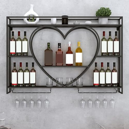 3 piano Portabottiglie da Parete in Arte del Ferro, industriale Porta Bottiglie di Vino da Parete, Portabottiglie da Parete con Porta Calici Design Multi-Gancio Ripiani Bar(Size:120,Color:Nero)