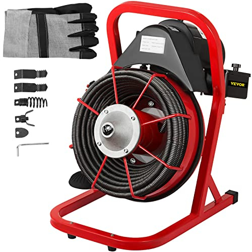 VEVOR Machine de nettoyage de canalisations de 15,2 m x 1,27 cm, tarière électrique de 250 W, nettoyeur de tarière d'égout portable avec pinces et interrupteur à pied activé par l'air pour tuyaux de
