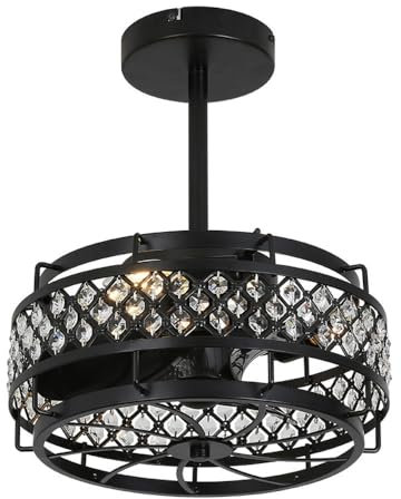 LGDEERCO Kristall-Ventilator-Licht, Vintage-Schwarz, Deckenventilator-Lampe, 6-Gang-Einstellung mit Fernbedienung, für Flur, Esszimmer, Schlafzimmer, Wohnzimmer, Küche, Geschäft, Restaurant