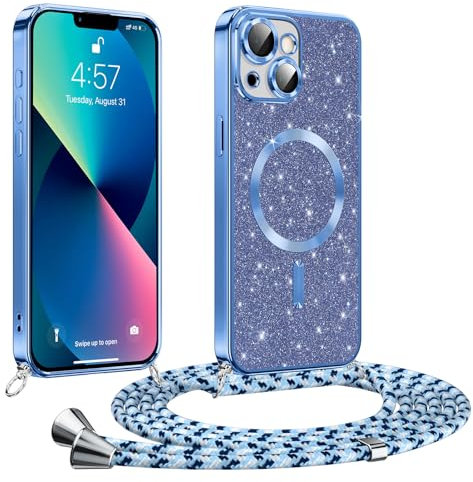 Phoona handyband Hülle für iPhone 13 mit Band, Glitzer Handyhülle Kompatibel mit MagSafe, Ganzkörperschutz Kratzfeste Stossfest Schutzhülle mit Einstellbar Kette, Blau