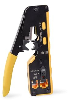 DIGITUS Multimodular Crimping Tool - Crimping Tool, Cable Cutter, Stripper - with Passthrough - Suitable for Cat 5e, Cat 6, Cat 6A & Cat 7 - Black/Yellow