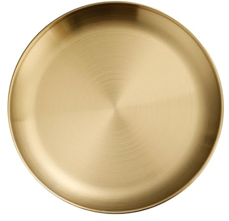 Buachois Gold Stainless Steel Plate, Gold Dinner Plates Golden Metal Round Dinner Dishes Plate Reusable Camping Plates Rustproof Serving Tray for Home Kitchen Party (S)