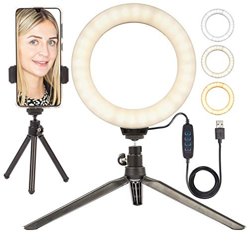 BOLLUMA Selfie Ring Light with Desk Tripod & Phone Holder, 6 LED Ring Light Dimmable Mini Beauty Ringlight for make up, live streaming, vlogging, TikTok, YouTube Video Shooting