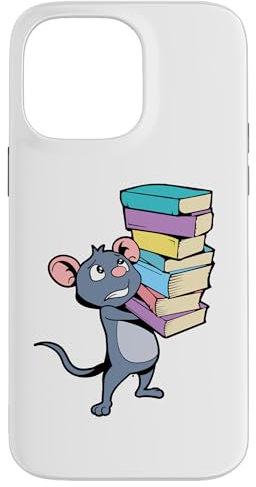 Carcasa para iPhone 14 Pro Max Ratón de dibujos animados con una pila de libros