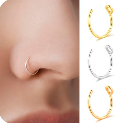 BelleVive Set di 3 anelli per naso finti, da donna, in acciaio al titanio 18 K, senza bisogno di piercing, 22 gauge 7 mm, anello per setto nasale artificiale a forma di cerchio, da donna, 3 colori