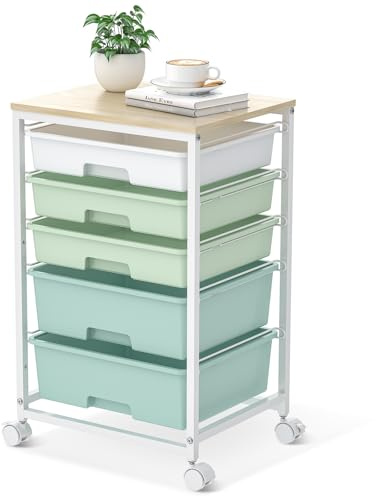 SYKIARIOL Chariot de rangement avec 5 tiroirs et plateau en bois, vert