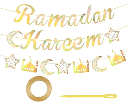 Ramadan Kareem Banner,3 Satz Eid Mubarak Banner Hängende Girlanden,Ramadan Deko Mond Stern Schloss Girlande für muslimische islamische Ramadan Kareem Party Dekor (Gold Laser)