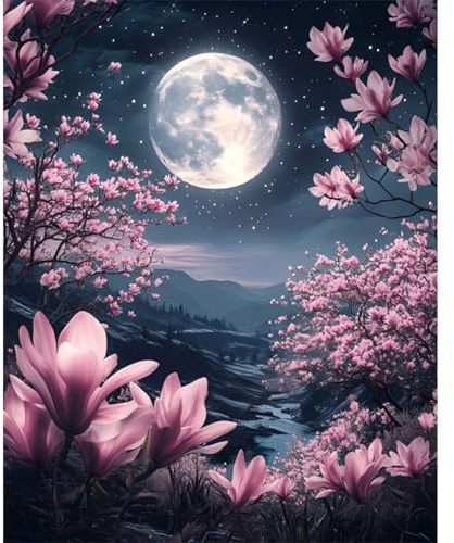 Pujeknm Malen Nach Zahlen Erwachsene Mond - DIY Landschaft Handgemalt | Ölgemälde Kit für Anfänger, Mit 3-Pinseln und Acrylfarbe Als Geschenk 40x50cm (Rahmenlos)