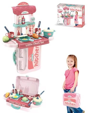 TOYNEST Pretend Play Kitchen Set, 3 in 1 Mini Cooking Toys, Chef Role Toys Pink Colour Occupational Activity Educational Set Fun Present for Kids Children Toddler Indoor Outdoor Gift Present