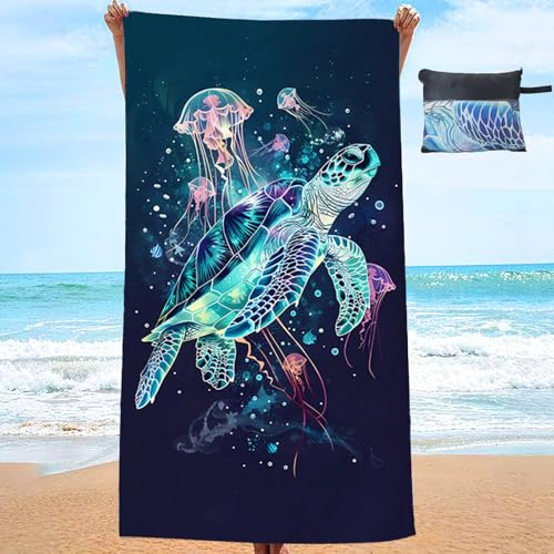 JINGTOPS Strandtuch Mikrofaser mit Tasche 90x180 Handtuch Strand XL Saunahandtuch Badetuch mit Ozean Thema Stranddecke groß Beach Towel für Strand, Reise, Schwimmen (Meeresschildkröte)