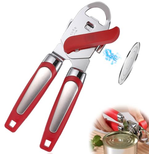 Abrelatas con imán, abridor de latas multifuncional 3 en 1, abrebotellas de acero inoxidable resistente para manos artríticas (rojo)