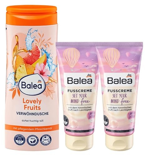 Balea 3er-Set Hautpflege: Pflegedusche LOVELY FRUITS Duschgel mit Pfirsichkernöl, fruchtig-süß, 300 ml + Fußcreme SET YOUR MIND FREE für beanspruchte Füße mit Sheabutter & Cocosöl, 2 x 100 ml (500 ml)