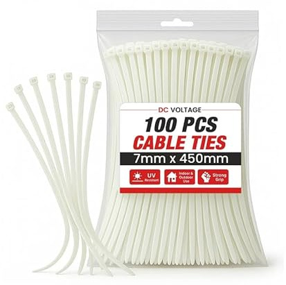 DC VOLTAGE 100 bridas de 450 mm x 7 mm, color blanco, resistentes a los rayos UV, resistencia a la tracción de 55 kg, resistencia a la tracción para HVAC al aire libre, ultra fuertes, autobloqueo