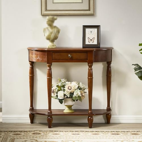 Consola Vintage de Madera Maciza semicircular con cajón, Mesa de sofá de Entrada en Forma de Media Luna con Estante, Elegante Mesa de recibidor Vintage para Sala de Estar, Color Nogal (1000