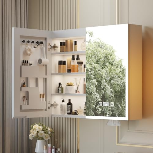 LEADZM Armoire de Salle de Bain avec Miroir et LED éclairage Armoire | de Toilette Miroir avec Prise et 2USB Étagère Réglable,Température de Couleur Réglable Temps Température (80x70cm)