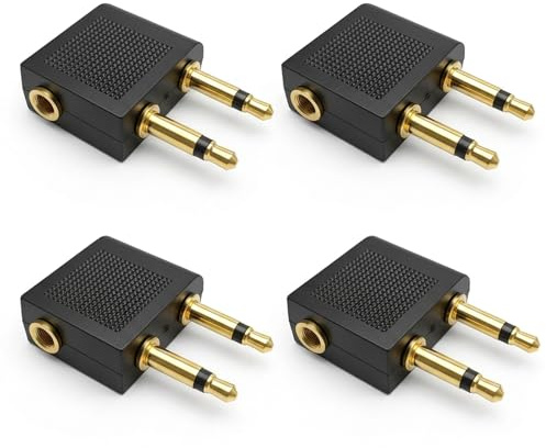 Leloco Flugzeug Kopfhörer Adapter, 4 Stück, 2-Pin auf 3,5-mm-Klinke Schwarz | Vergoldete Doppelstecker mit 3,5-mm-Klinkenbuchse; für eigene Kopfhörer an kompatiblen Bordunterhaltungssystemen