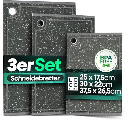 Loco Bird Schneidebrett Kunststoff spülmaschinenfest - rutschfeste Schneidebretter 3er Set - 37,5x26,5cm / 30x22cm / 25x17,5cm - messerschonender Küchenbnbrett, chopping board, plastik Küchenbrett
