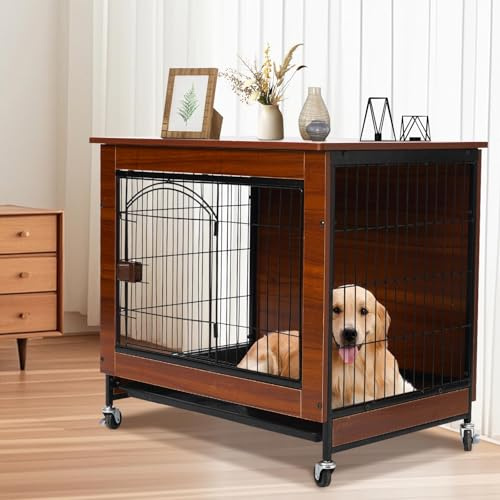 Cage pour Chien Meuble, 78cm Niche Intérieure en Bois Moderne, Multi-Usage avec roulettes Silencieuses & Plateau Amovible, Adaptée aux Petits/Moyens Chiens, 78x55x73cm, Marron Vintage