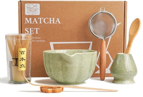 HEI MING Premium Matcha Set 7-teilig – Exklusives Teezeremonie-Set mit Bambus-Chasen (Besen), Grün Keramik-Schale, Löffel & Zubehör, Originelles Geschenk für Matcha