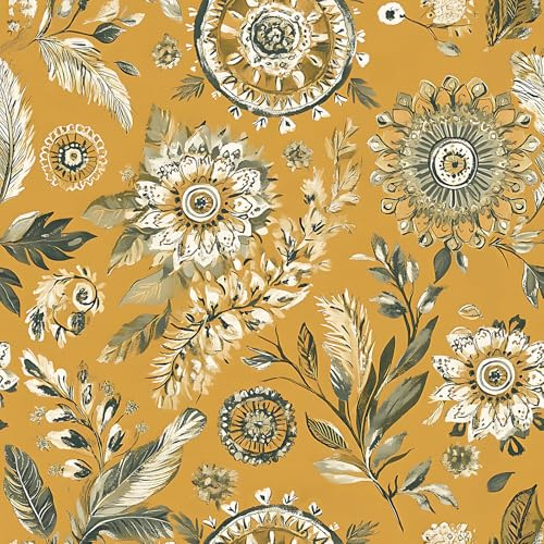 FunStick Tapete Selbstklebend Blumen Aquarell Klebefolie Möbel Tropisch Gelb Tapete Blumenmuster Badezimmer Schlafzimmer Möbelfolie Vintage Gelb Muster Blätter Blumentapete Wand Klebefolie 44.5CMx3M