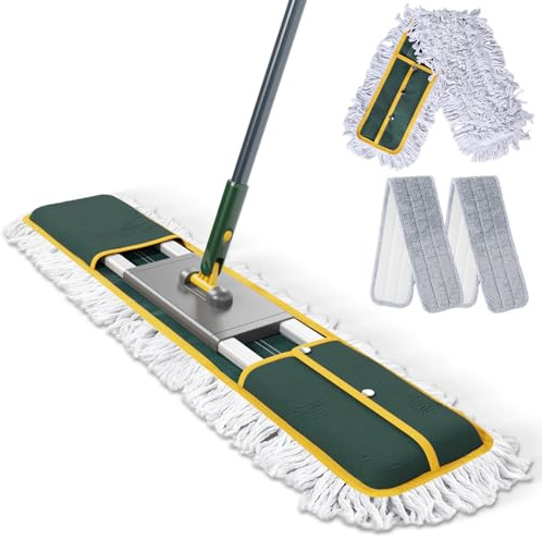 Eukue Balai Serpillère 90cm Grande, Serpillère Professionnel en Microfibre avec 3 Tampons, Balais à Plat Serpillere Coton avec Manche INOX, Balais Nettoyer Sol pour Bureau, Garage, Entrepôt-Vert