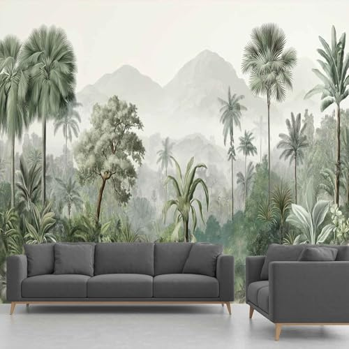 Papier Peint Intissé Forêt Tropicale Humide, Papier Peint Panoramique Montagne Brumeuse Palmiers Feuille, Fresque Murale – Décoration Murale Pour Salon, Chambre, Bureau – 400 x 280 cm(non adhésif)