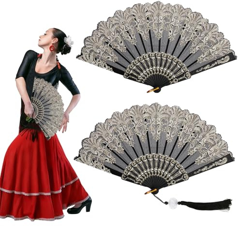 Sikweny 2 Stück Fächer Spitze Handfächer Klein Hand Fan (Schwarz) | Golddruck Design Fecher Sommer Golddruck Design Handfächer Stabil Faltbar für Tanzaufführung Hochzeitsdekoration