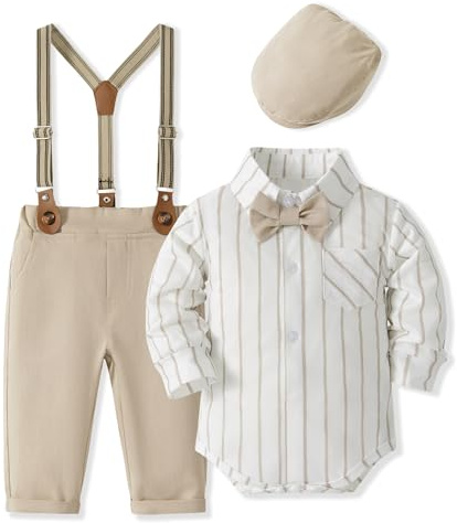 Volunboy Bimbo Neonato Completini e Coordinati Gentiluomo, Body Elegante con Papillon + Pantaloni con Bretelle + Baretto 5 Pezzi(Taglia 80,12-18 mesi,Righe Cachi