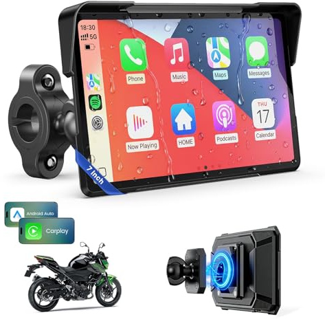 WonVon 7 Inch Wireless Motorcycle Carplay GPS Navigation System with Apple Carplay and Android Auto Portable Screen with Dual Bluetooth, Navigation, Siri, Google Assistant with Magnetic Mount
