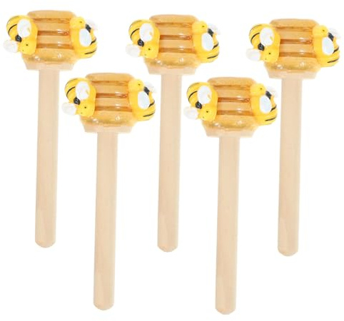 BAZEITFLOW Bee Honey Dipper Sticks Set Wooden and Abs Material, Portable Decorative Effects 5pcs with Lovely Bee and Honey Designs for Tiered Tray Decor and Party Centrepieces