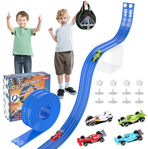 20Ft Flexible Race Track, Slot Car Race Track Set for Kids Ages 3+, Dual Racing Game 2 High-Speed Cars 1/64 Scale, w/8 Suction Cups, 4 Alloy Cars– Ideal Easter Birthday Gift for Boys & Girls (Blue)