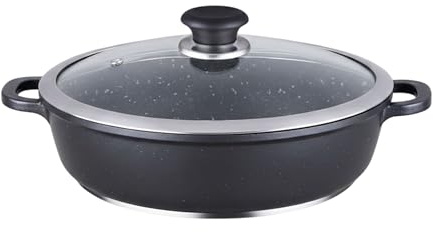 Reldor Die Cast Aluminium Low Non-Stick Casserole Dish with Lid 5L/36 cm – Heavy Duty Non-Stick Cooking Pot, Ceramic Coating, Induction & Oven Safe, with Thick Glass Lid & Double Bakelite Handles