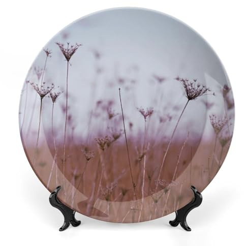 Meadow Field Flowers Grass Winter Decorative Plate for Wall Ceramic Home Wobble-Plate with Display Stand Table Decor Ornament Modern Home Decoration Dinner Plate Dessert Dish 8inch