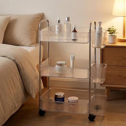 Nidoul 3-Tier Acrylic Rolling Storage Cart,Storage Trolley Lockable Wheels with 3Pcs Extra Hanging Cups Handles for Bathroom,Kitchen Storage and Drinks, Vegetable,Beauty,Trolley