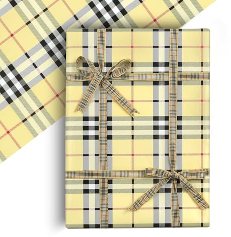 Buffalo - Carta da regalo per uomini e donne, 4 fogli di carta da regalo classica a base beige, motivo scozzese bianco e nero, piegata, con nastro a quadretti, per Natale, compleanno, festa del papà