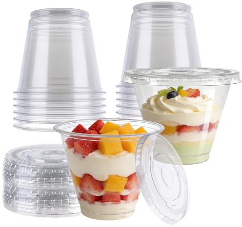LDXDRU 100PCS Dessert Cups, 9oz/260ml Plastic Dessert Cups with Lids, Clear Disposable Dessert Pots with Lids for Desserts, Cheesecake, Pastries, and Sundaes