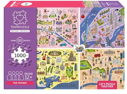 City Trip – New York, London, Paris & Barcelona Puzzle – 1000 Teile | TEAMPUZZLE für Freunde | kostenlose App für Spieleabend | Puzzle für Erwachsene & Kinder ab 12 Jahren