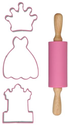 Wilton Juego de 4 cortadores de galletas de princesa: juego de repostería infantil con rodillo, cortadores de galletas, corona, vestido y castillo, cortadores de galletas, reutilizables, juego de 4