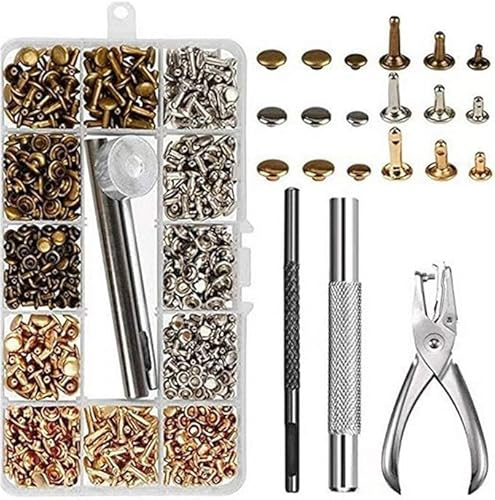 Rivets en Cuir 180 Pièces 3 Tailles Double Rivet Goujons Tubulaires en Métal Rivets Couture Sac,Rivets Cuir avec 3 Pièces Outil de Fixation et Punch Pince pour Artisanat en Cuir DIY Rivets,4 Couleurs