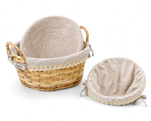 Geschenkkorb & Dekokorb Set aus Weide – 2 Runde Flechtkörbe mit Stoffeinlage – Präsentkorb zum Befüllen, für Bad, Hochzeit & Wohnzimmer