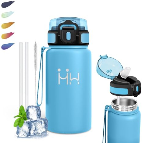 Mujigaga Botella Agua Acero Inoxidable- 500ml- Botella Termica, sin BPA, Botellas Agua Niños, Cantimplora con Pajita, A Prueba de Fugas, Doble Aislamiento, Cantimplora para Camping, Escuela, Oficina
