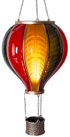 LED Solar Heißluftballon Laterne mit realistischer Flammenoptik | warmweiße LED | Dekorative Solar-Hängeleuchte für Outdoor | Wetterfest | Inkl. Aufhängung & Akku (XXL WM-Edition (schwarz-rot-gold))