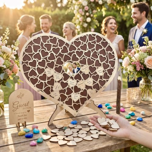 Gästebuch Hochzeit Holz, Hochzeitsspiele, Alternative hochzeitsdeko | Mit 86 Holzherzen Zum Beschriften, Wood-Stifte für Hochzeit, Geburtstag, Jahrestag Dekoration