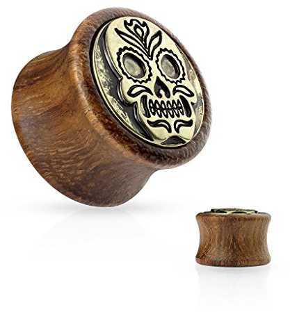Holz Plug Flesh Tunnel Totenkopf Skelett Wood Ear Plug Saddle Fit Organic Sugar Skull