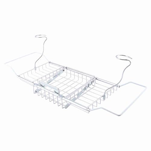 Pont de Baignoire Plateau de Bain Rangement Universel Extensible 61~85cm Porte Verre à Pied Porte Gel Douche Savon en Metal Chromé
