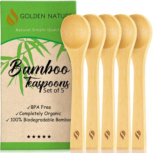 Golden Nature - Bamboo Spoon Set - 5 Pc - Small Kitchen Teaspoons - Tiny Wooden Spoons for Sugar, Spices, Seasoning, Coffee, Jam, Herbs, Honey & Dessert