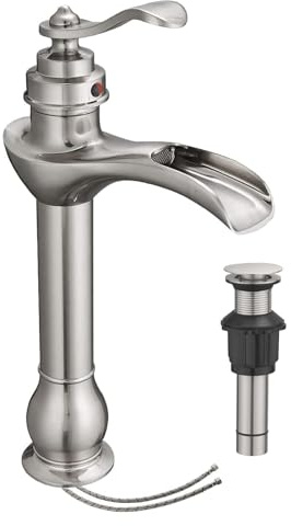Vessel Sink Faucet with Drain Assembly and Supply Hose for Bowl Sink Singl Handle Single Hole Bathroom Faucet Waterfall Lavatory Mixer Tap Tall Body Brushed Nickel