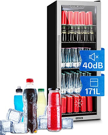 KLARSTEIN Beersafe Réfrigérateur à Boissons 171 L – Frigo avec Porte Vitrée, Argent-Noir | Éclairage LED, étagères métalliques amovibles, silencieux, pour boissons et canettes