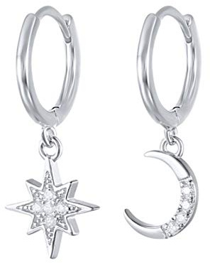 DOOLY 925 Sterling Silver Asymmetrisk Star Moon Örhängen Crystal Charms Örhängen för kvinnor Flickors smycken eh375