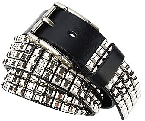 Nietengürtel Herren Und Damen Studded Belt 3 Reihen Pyramide Metall Nieten Gürtel Für Jeans, Hosen, Gothic, Punk, Rockwear,Schwarz,105cm/waist:34~36
